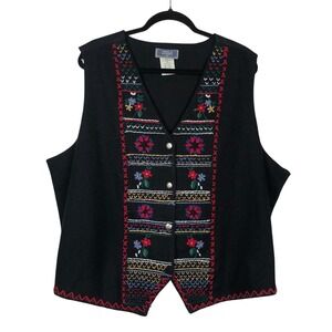 Vintage Womens Embroidered Wool Blend Vest Size 2X Folk Art Floral Farmer Artsy